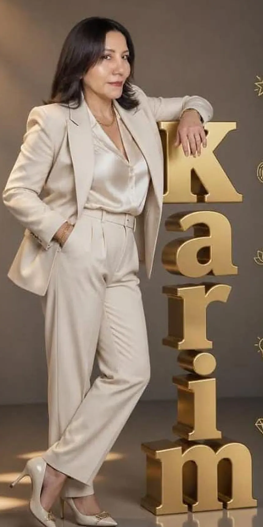 Karim Yarasca Solano, Directora Independiente Yanbal Perú, con traje beige junto a las letras doradas de su nombre