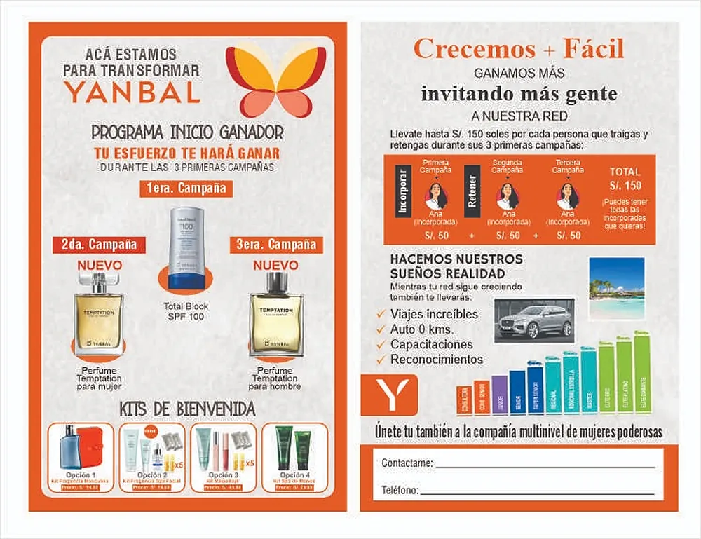 Folleto del Programa Inicio Ganador de Yanbal con los premios de las tres primeras campañas y los kits de bienvenida