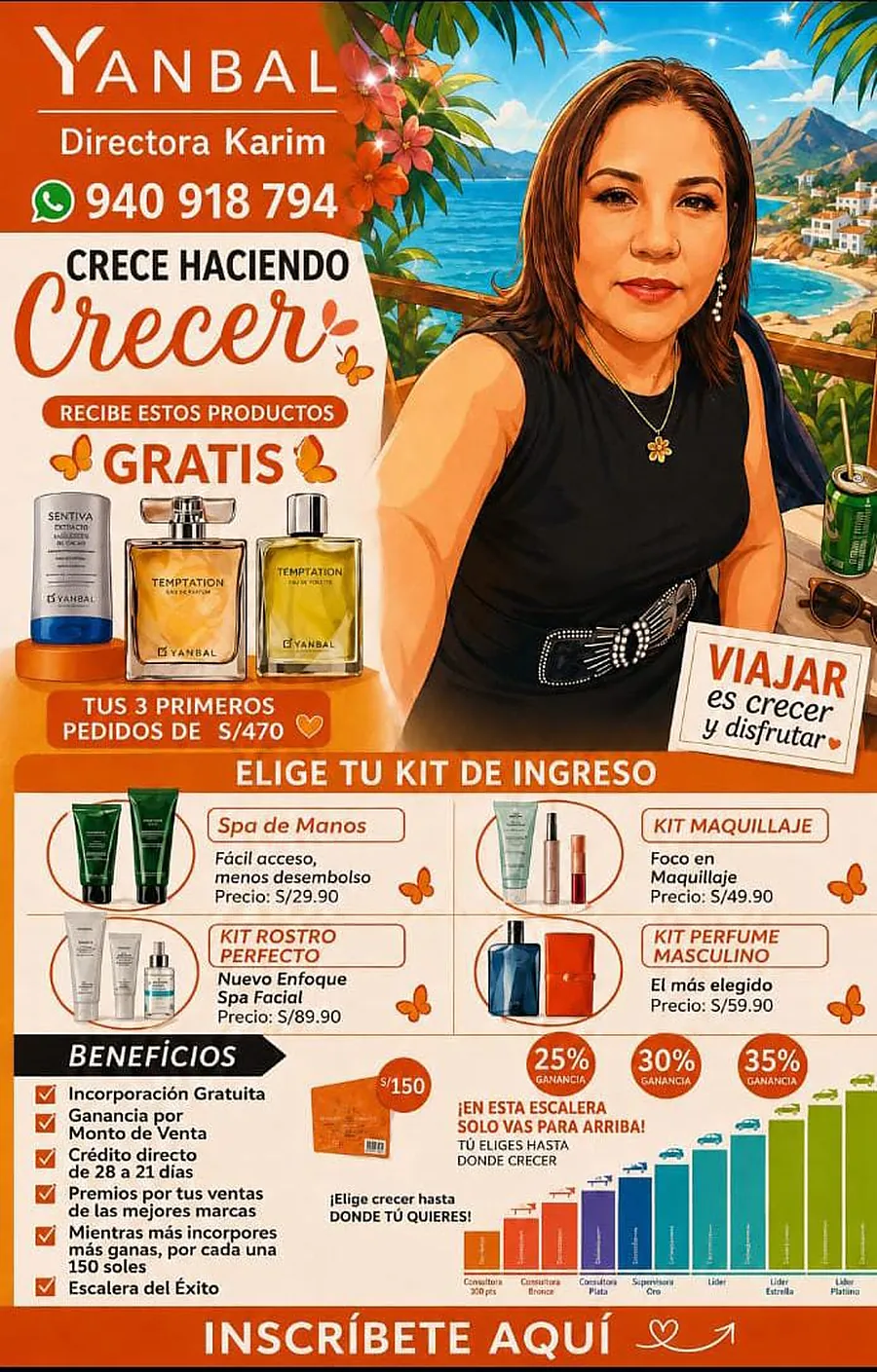 Folleto de Karim Yarasca Solano: kits de ingreso Yanbal, escalera de ganancias del 25 al 35 por ciento y beneficios de incorporación